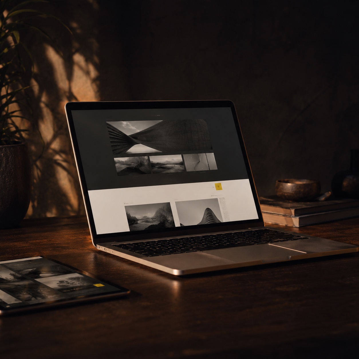 Ноутбук с портфолио-сайтом и планшет с фотогалереей на столе